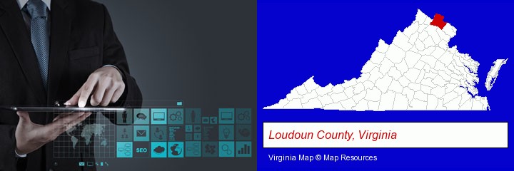 information technology concepts; Loudoun County, Virginia highlighted in red on a map