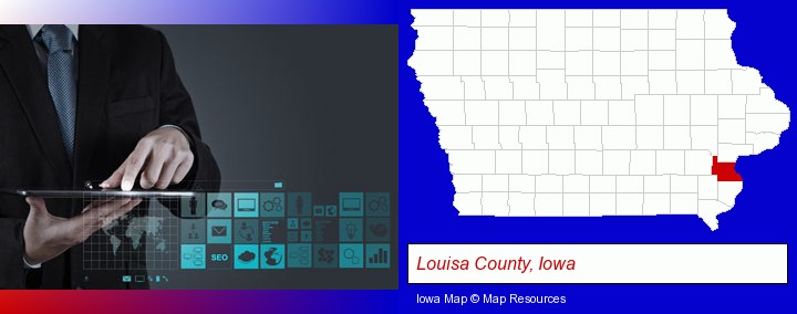 information technology concepts; Louisa County, Iowa highlighted in red on a map