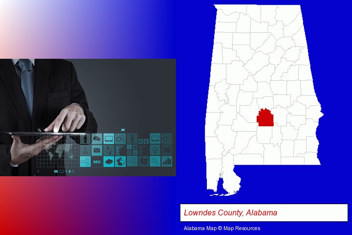 information technology concepts; Lowndes County, Alabama highlighted in red on a map