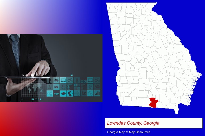information technology concepts; Lowndes County, Georgia highlighted in red on a map
