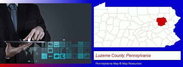 information technology concepts; Luzerne County, Pennsylvania highlighted in red on a map