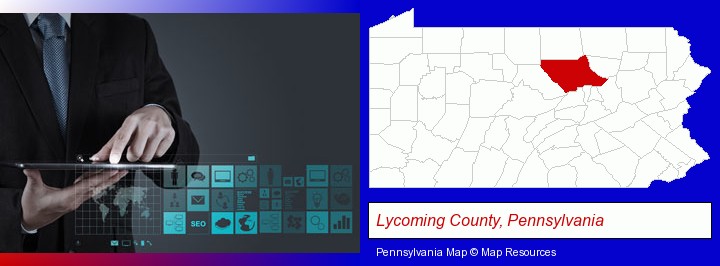information technology concepts; Lycoming County, Pennsylvania highlighted in red on a map