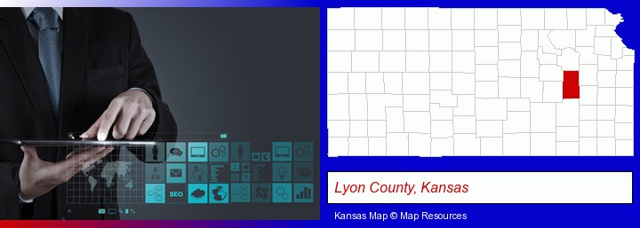 information technology concepts; Lyon County, Kansas highlighted in red on a map