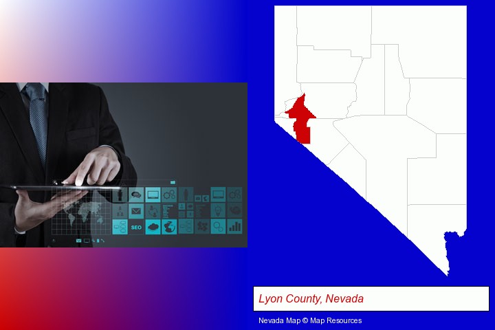 information technology concepts; Lyon County, Nevada highlighted in red on a map
