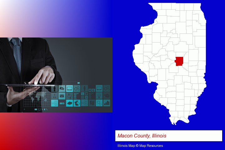 information technology concepts; Macon County, Illinois highlighted in red on a map