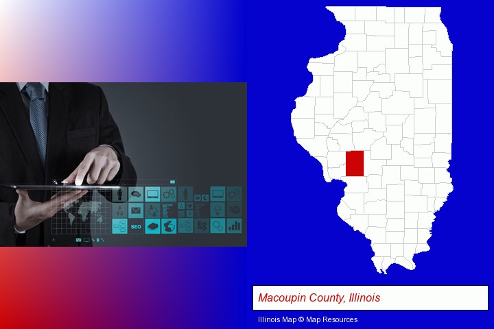 information technology concepts; Macoupin County, Illinois highlighted in red on a map