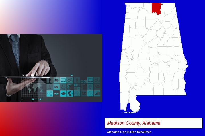 information technology concepts; Madison County, Alabama highlighted in red on a map