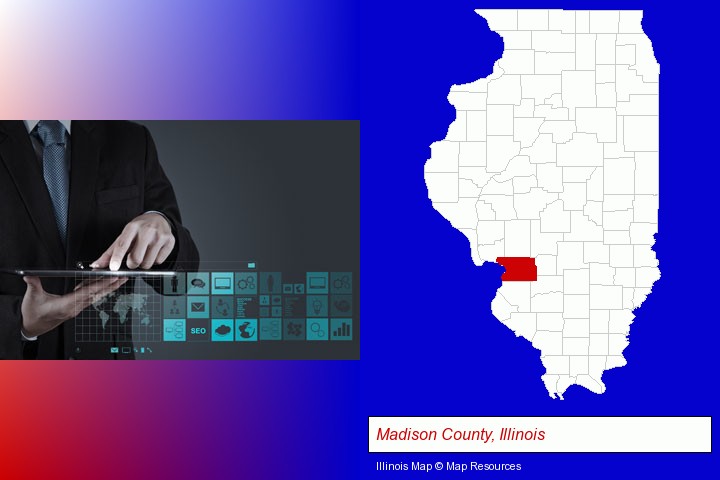 information technology concepts; Madison County, Illinois highlighted in red on a map