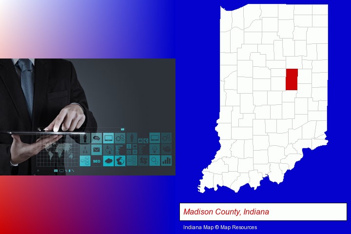 information technology concepts; Madison County, Indiana highlighted in red on a map