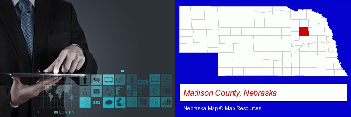 information technology concepts; Madison County, Nebraska highlighted in red on a map