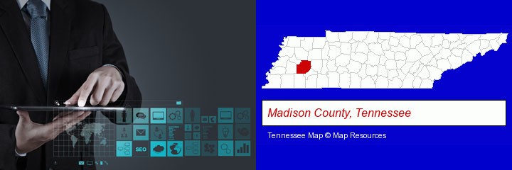information technology concepts; Madison County, Tennessee highlighted in red on a map