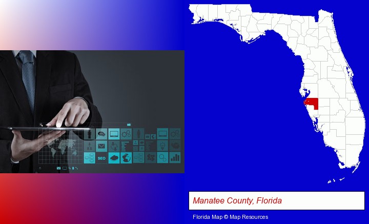 information technology concepts; Manatee County, Florida highlighted in red on a map