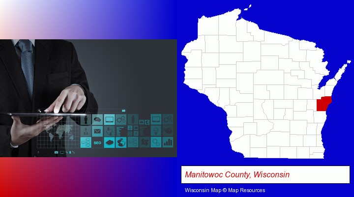 information technology concepts; Manitowoc County, Wisconsin highlighted in red on a map