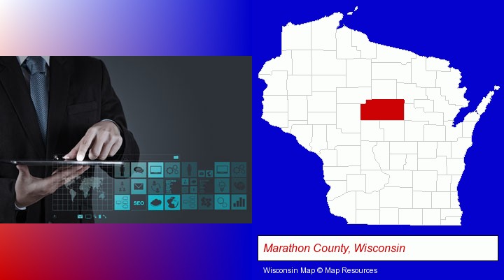 information technology concepts; Marathon County, Wisconsin highlighted in red on a map