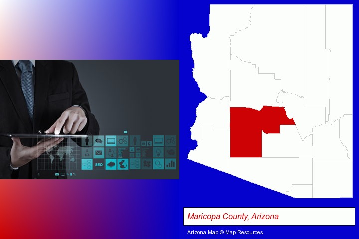 information technology concepts; Maricopa County, Arizona highlighted in red on a map