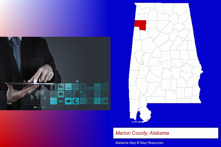 information technology concepts; Marion County, Alabama highlighted in red on a map