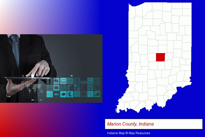 information technology concepts; Marion County, Indiana highlighted in red on a map