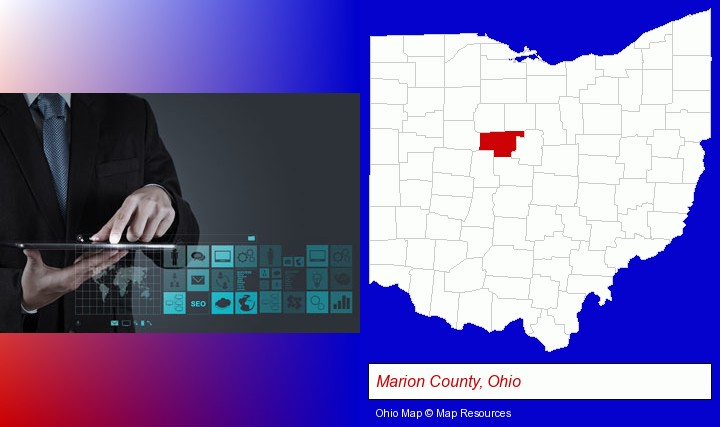 information technology concepts; Marion County, Ohio highlighted in red on a map