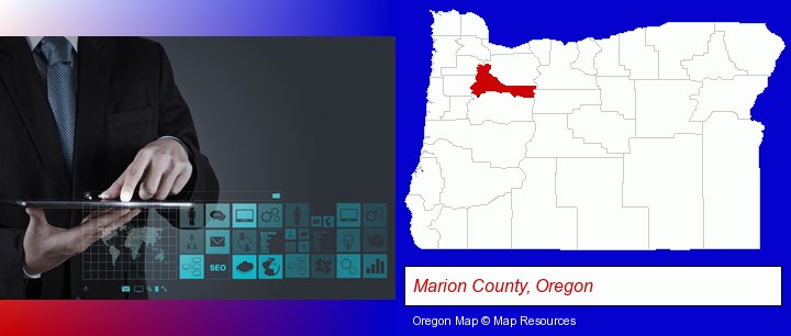 information technology concepts; Marion County, Oregon highlighted in red on a map