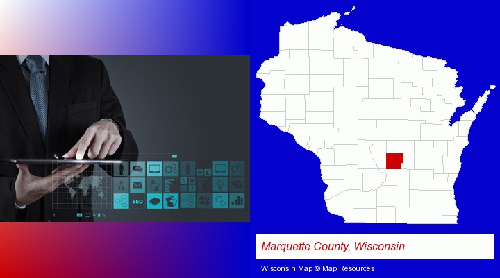information technology concepts; Marquette County, Wisconsin highlighted in red on a map