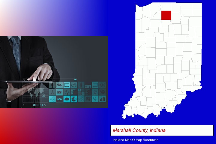 information technology concepts; Marshall County, Indiana highlighted in red on a map