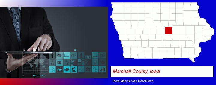 information technology concepts; Marshall County, Iowa highlighted in red on a map
