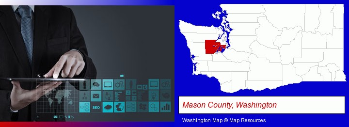 information technology concepts; Mason County, Washington highlighted in red on a map