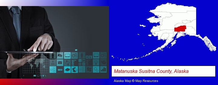 information technology concepts; Matanuska Susitna County, Alaska highlighted in red on a map