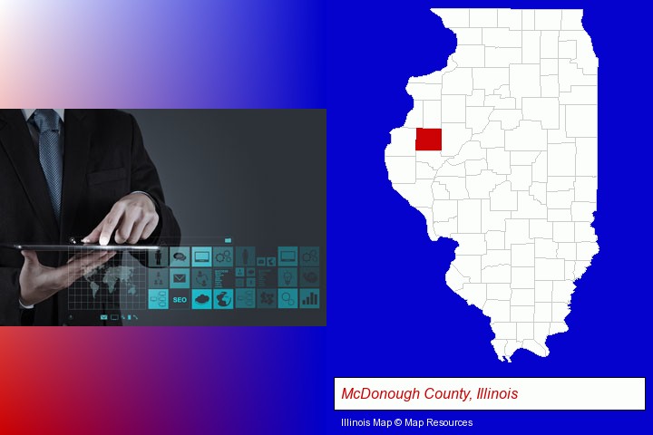 information technology concepts; McDonough County, Illinois highlighted in red on a map