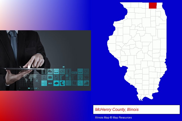 information technology concepts; McHenry County, Illinois highlighted in red on a map