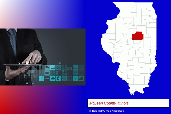 information technology concepts; McLean County, Illinois highlighted in red on a map