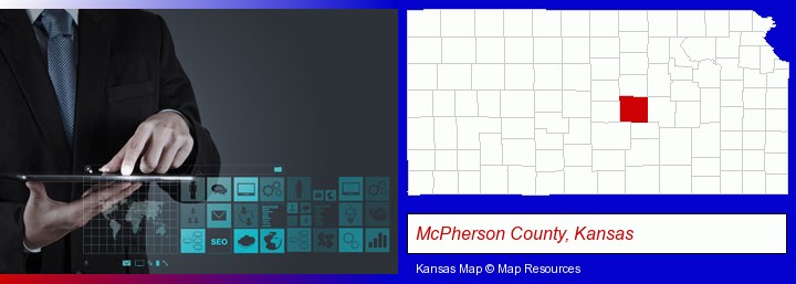 information technology concepts; McPherson County, Kansas highlighted in red on a map
