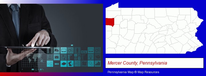 information technology concepts; Mercer County, Pennsylvania highlighted in red on a map