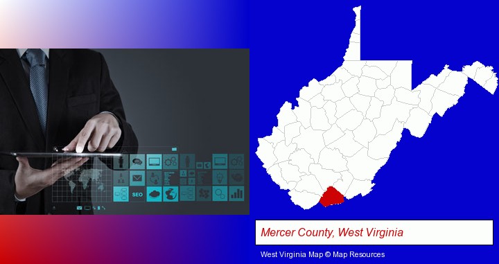 information technology concepts; Mercer County, West Virginia highlighted in red on a map