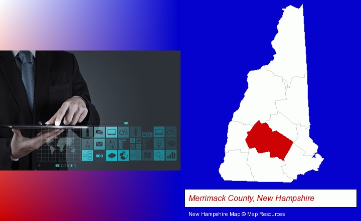 information technology concepts; Merrimack County, New Hampshire highlighted in red on a map