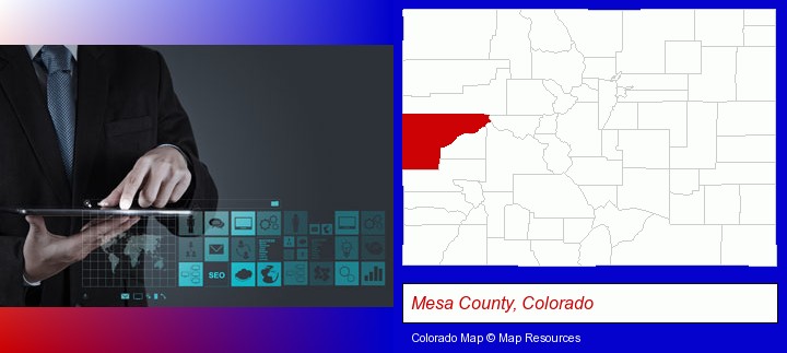 information technology concepts; Mesa County, Colorado highlighted in red on a map