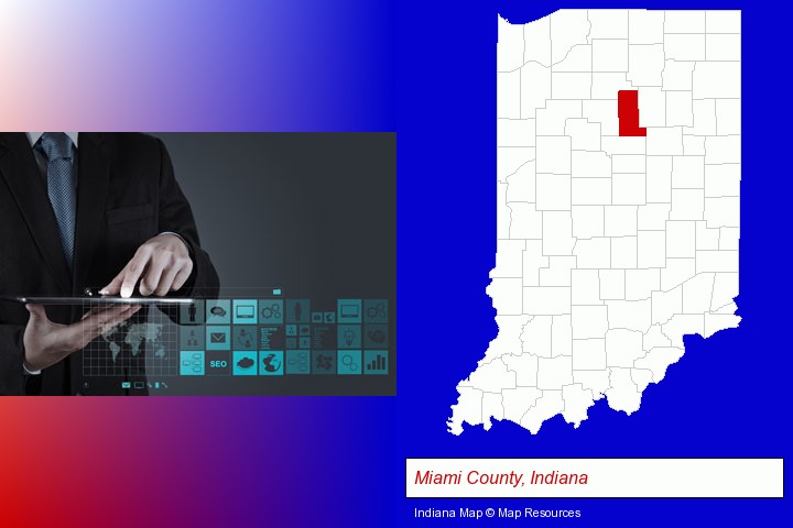 information technology concepts; Miami County, Indiana highlighted in red on a map