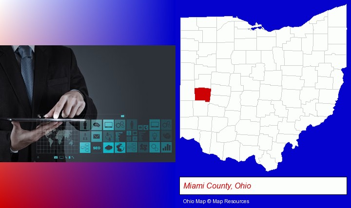 information technology concepts; Miami County, Ohio highlighted in red on a map