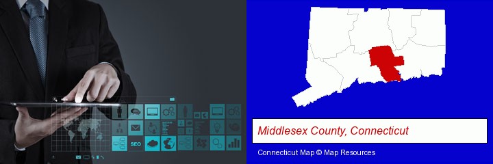 information technology concepts; Middlesex County, Connecticut highlighted in red on a map