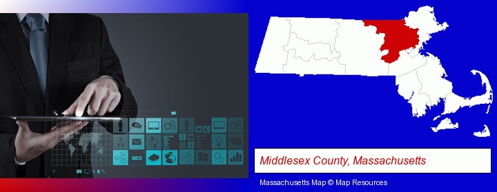 information technology concepts; Middlesex County, Massachusetts highlighted in red on a map
