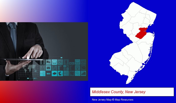 information technology concepts; Middlesex County, New Jersey highlighted in red on a map