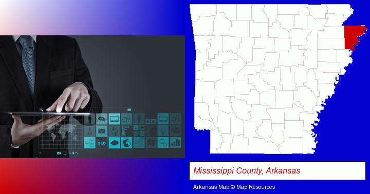 information technology concepts; Mississippi County, Arkansas highlighted in red on a map