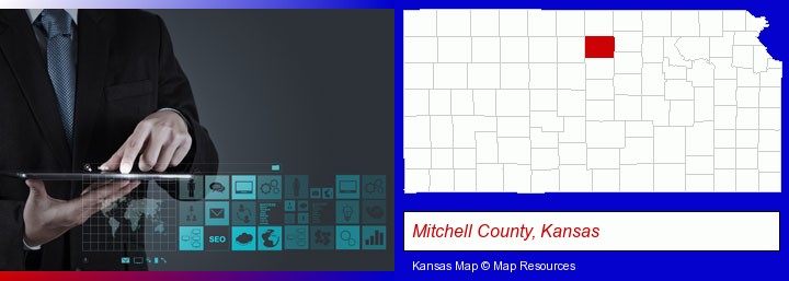 information technology concepts; Mitchell County, Kansas highlighted in red on a map