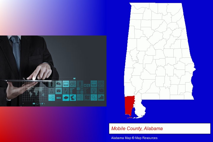 information technology concepts; Mobile County, Alabama highlighted in red on a map