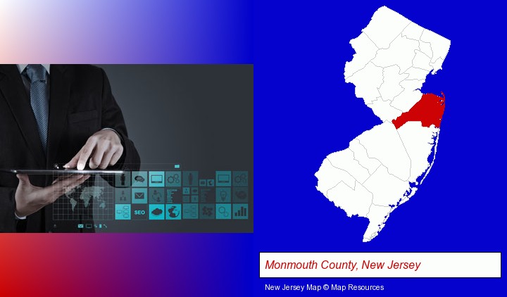 information technology concepts; Monmouth County, New Jersey highlighted in red on a map