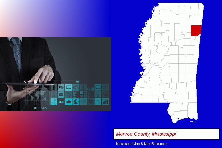 information technology concepts; Monroe County, Mississippi highlighted in red on a map
