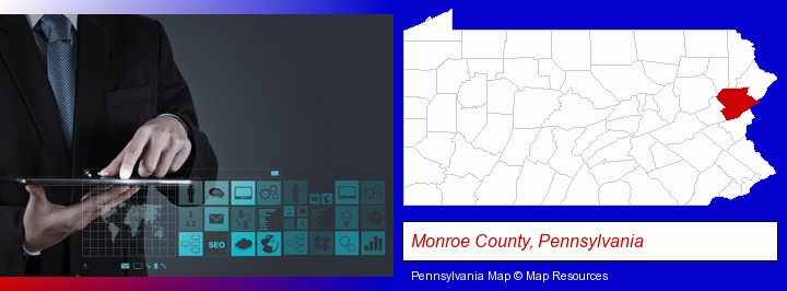information technology concepts; Monroe County, Pennsylvania highlighted in red on a map