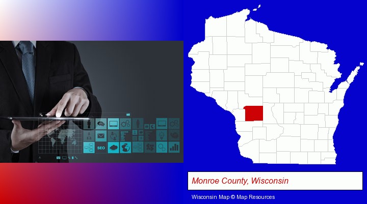 information technology concepts; Monroe County, Wisconsin highlighted in red on a map