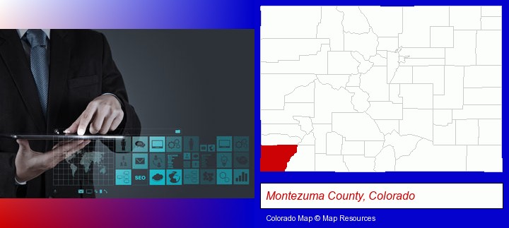 information technology concepts; Montezuma County, Colorado highlighted in red on a map