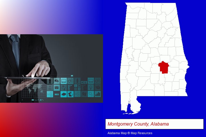 information technology concepts; Montgomery County, Alabama highlighted in red on a map